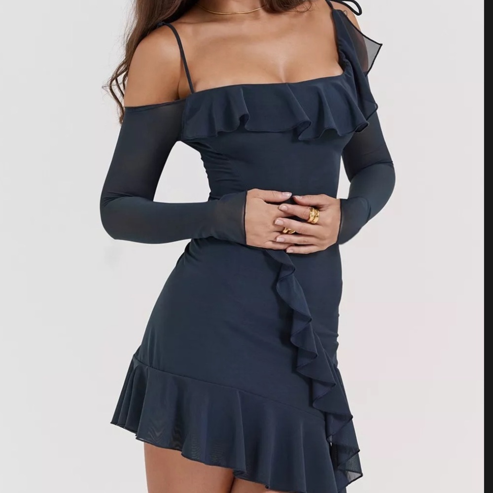 House of CB Kiki Navy Blue Asymmetrical Ruffle Off-Shoulder Dress long sleeve